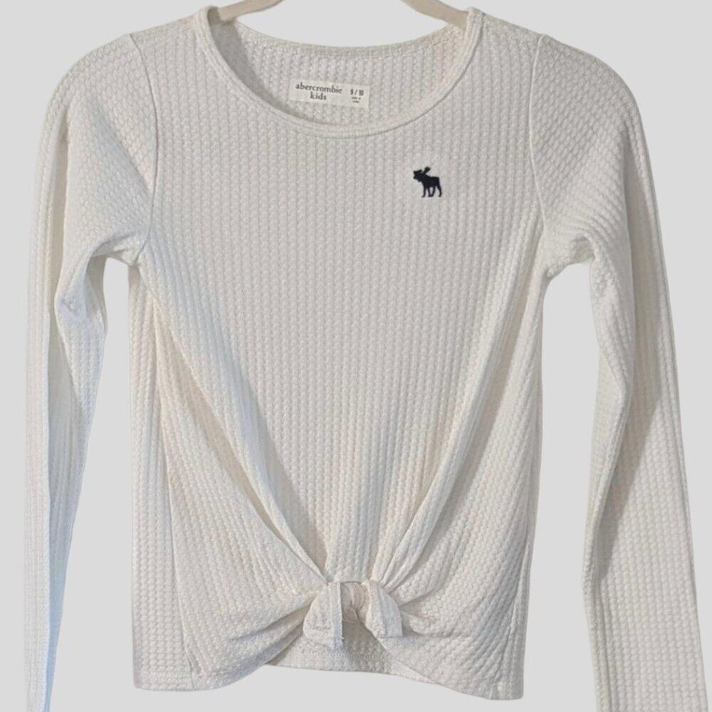Abercrombie Kids Waffle Knit Tie Front Shirt Girls 9/10 White Long Sleeve Moose